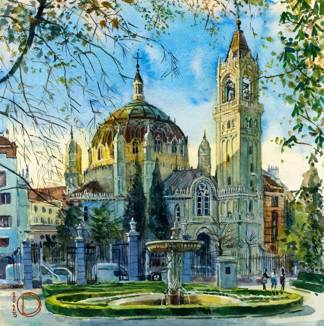 Olena Didenko (Ukraine,20/21C) watercolor painting: ARTIST: Olena Didenko (Ukrainian, 20/21 centuries) TITLE: Cityscape - Church of San Manuel and San Benito, Madrid, Spain (titled on verso) MEDIUM: watercolor on heavy paper CONDITION