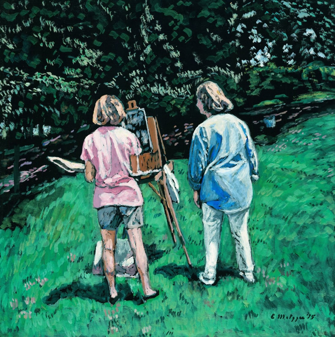 Evelyn Metzger (NY,Brazil,1911-2007) oil painting: ARTIST: Evelyn Borchard Metzger (New York, Brazilian, 1911 - 2007) TITLE: Two Women Painting in Central Park, NY (titled on verso) YEAR: 1995 MEDIUM: oil on board