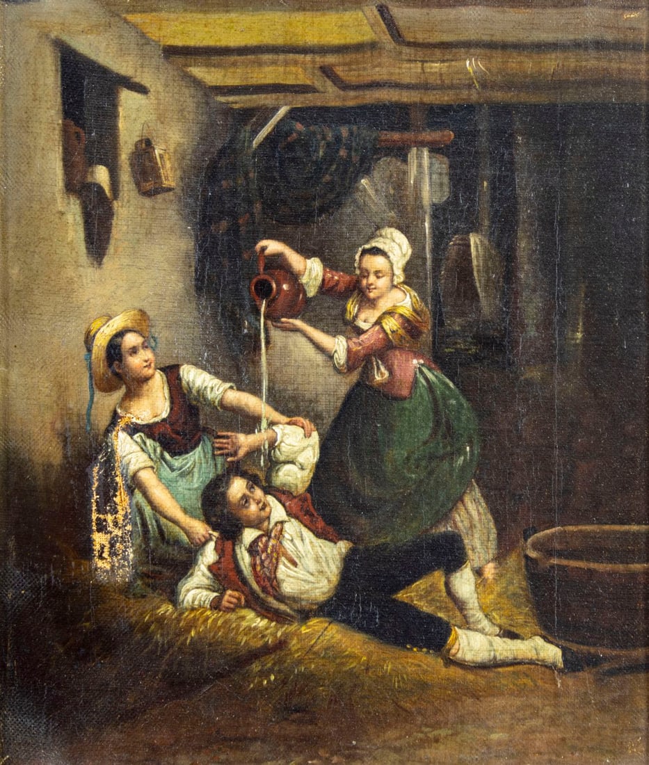 Antique early 20C European oil painting: ARTIST: - (Europe, early 20 century) TITLE: Refreshing MEDIUM: oil on canvas CONDITION: One patch repaired tear with corresponding paint losses. Very minor craquelure. No