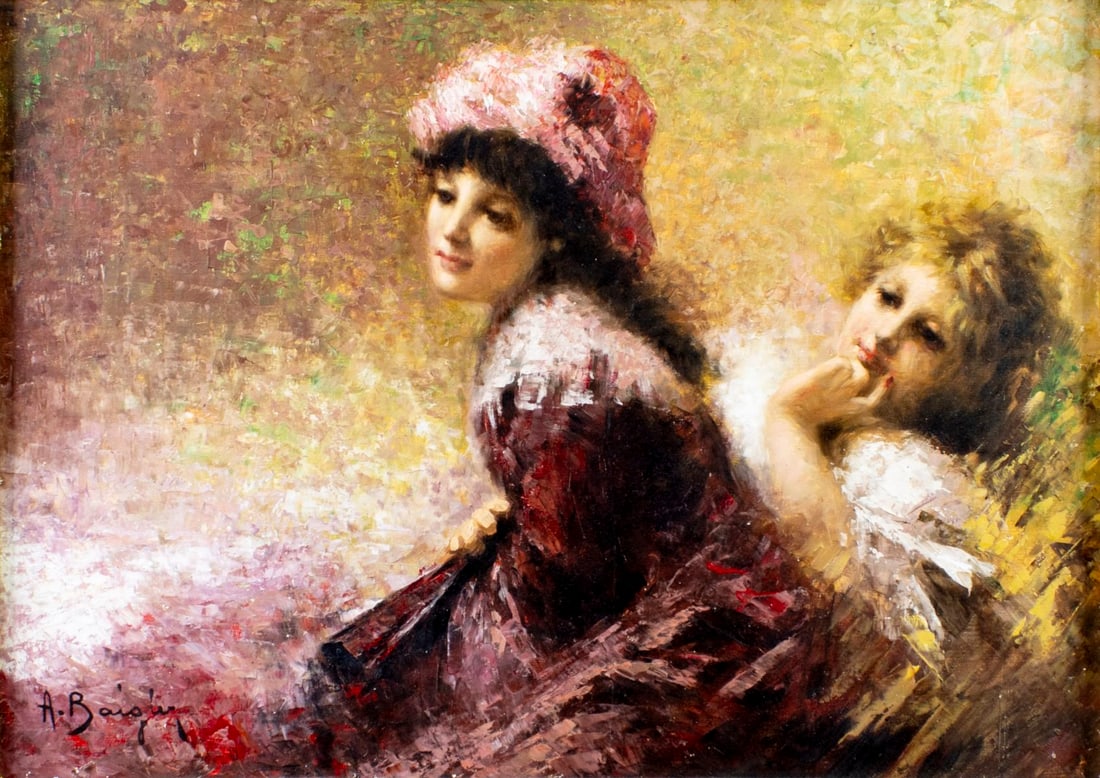 Aristodemo Baigler (Italy,1928-?) oil painting: ARTIST: Aristodemo Baigler (Italian, 1928 - ???) TITLE: Two Girls MEDIUM: oil on canvas CONDITION: Some small paint losses. No visible inpaint under UV light. A