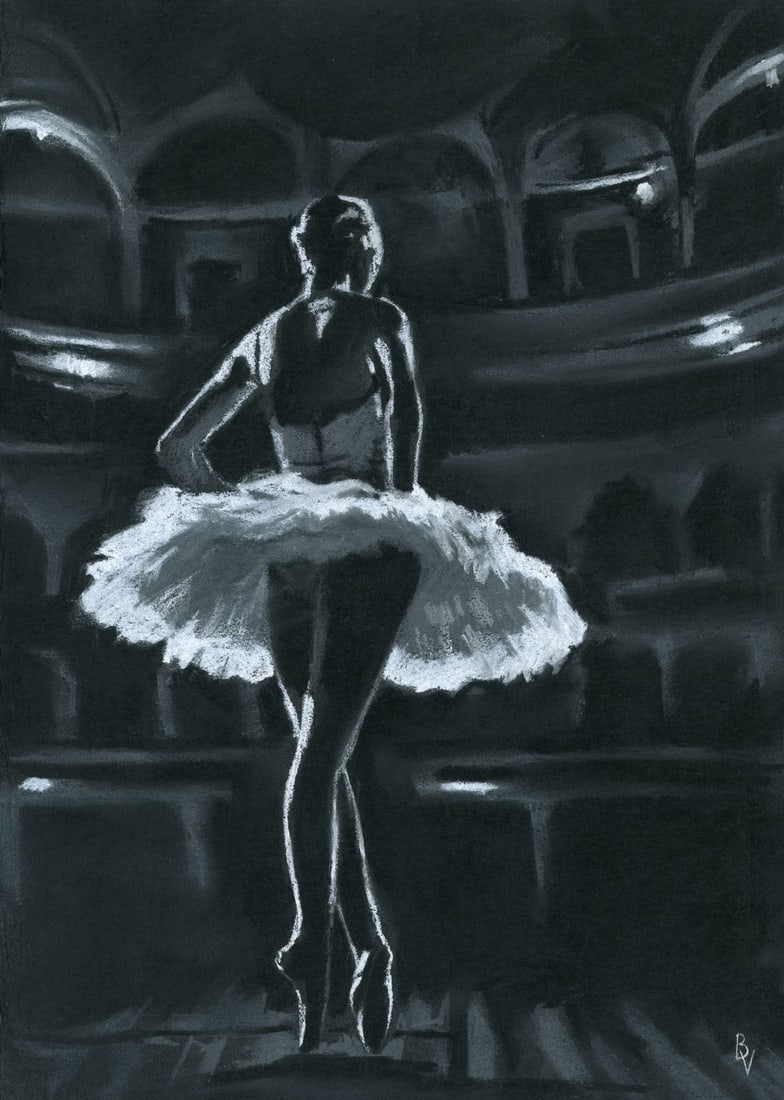 Victoria Borisova (Ukraine,20/21C) pastel painting: ARTIST: Victoria Borisova (Ukrainian, 20/21 centuries) TITLE: Ballerina on Stage MEDIUM: pastel on heavy paper CONDITION: Very good. ART SIZE: 12 x 8 inc