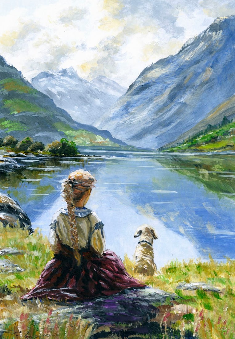 Oleksandr Pukhno (Ukraine,20/21C) acrylic painting: ARTIST: Oleksandr Pukhno (Ukraine, 20/21 centuries) TITLE: Lake Landscape with Woman and Dog MEDIUM: acrylic on heavy paper CONDITION: Very good. ART SIZE: