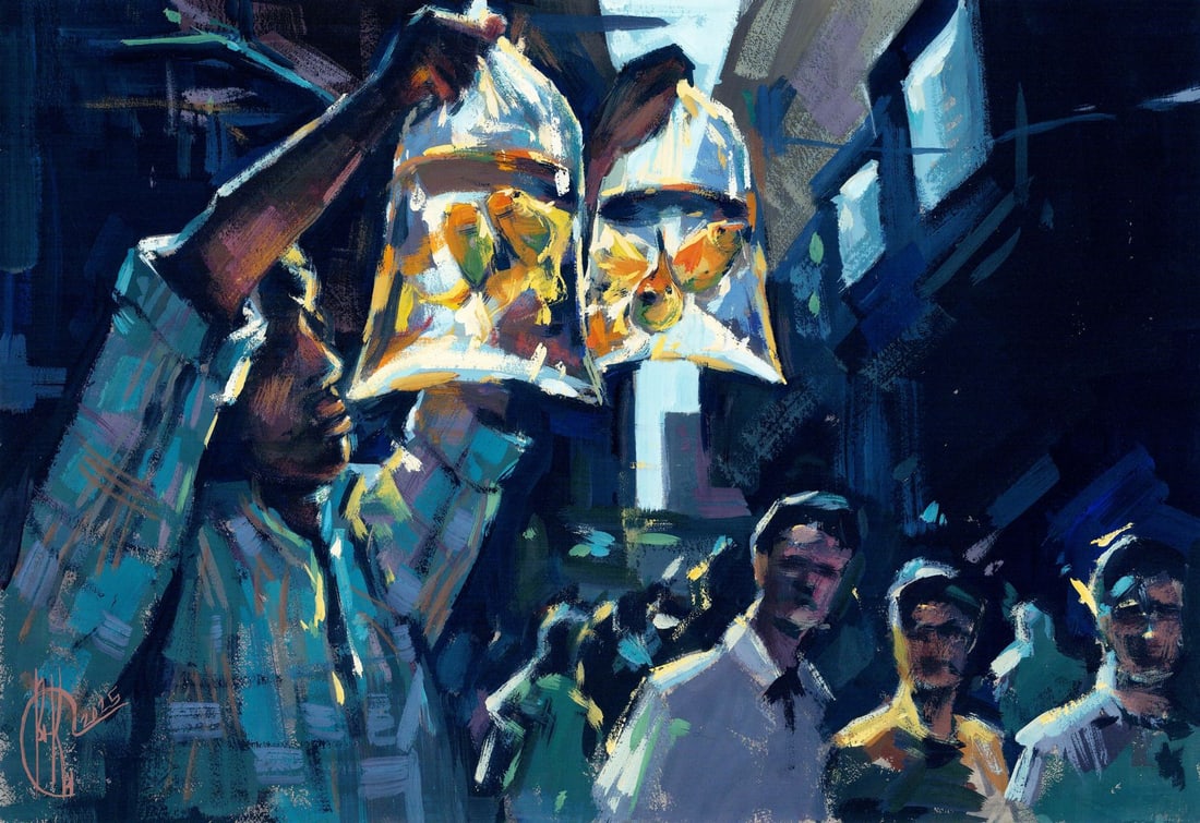 Ivanna Kotulych (Ukraine,20/21C) acrylic painting: ARTIST: Ivanna Kotulych (Ukraine, 20/21 centuries) TITLE: Goldfishes MEDIUM: acrylic on heavy paper CONDITION: Very good. No visible inpaint under UV light. ART S