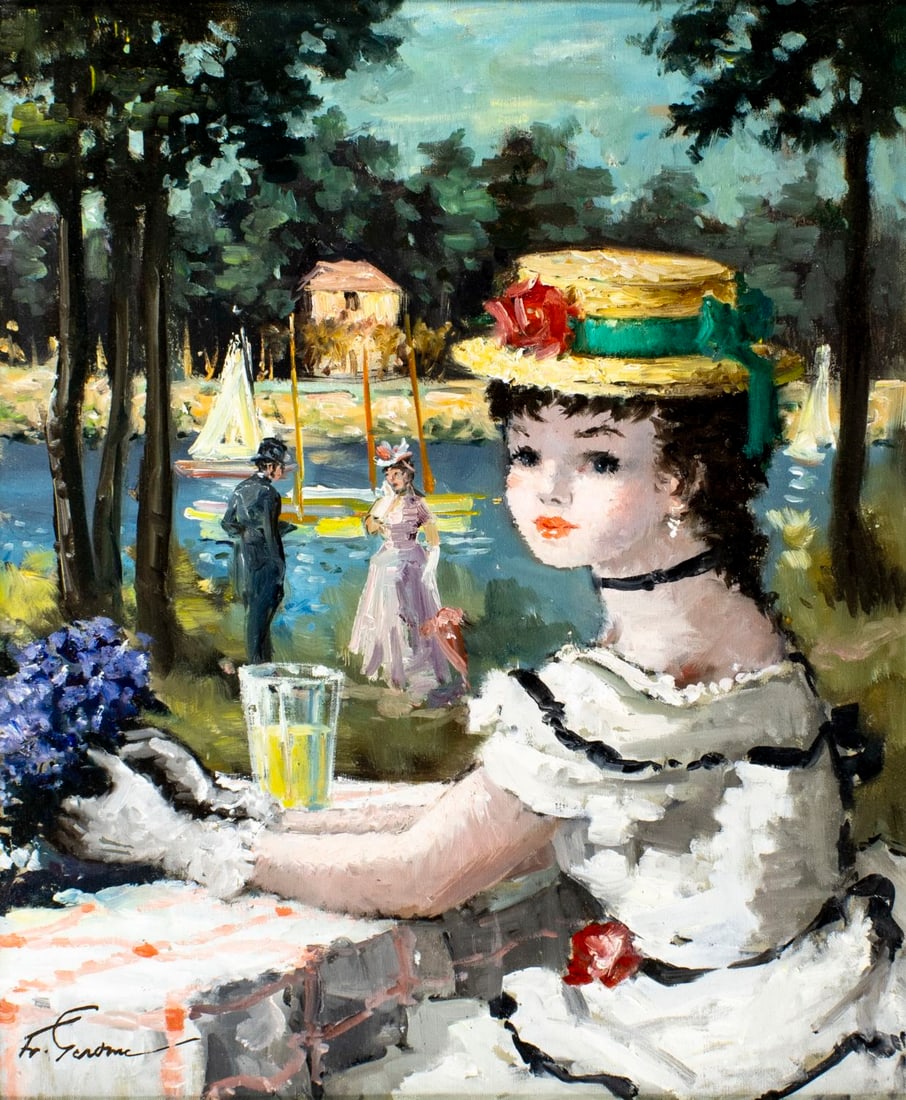 Francois Gerome (France,1895-?) oil painting: ARTIST: Francois Gerome (French, 1895 - ???) TITLE: Woman at Table in Park MEDIUM: oil on canvas CONDITION: Missing a few flakes of paint. Very minor craquelure. No visibl