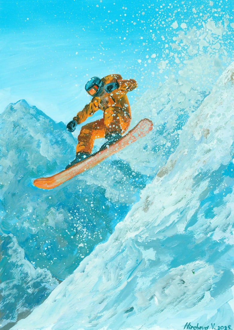 Valeria Mircheva (Ukraine,20/21C) acrylic painting: ARTIST: Valeria Mircheva (Ukrainian, 20/21 centuries) TITLE: Snowboarder MEDIUM: acrylic on heavy paper CONDITION: Very good. ART SIZE: 12 x 8 inches / 3