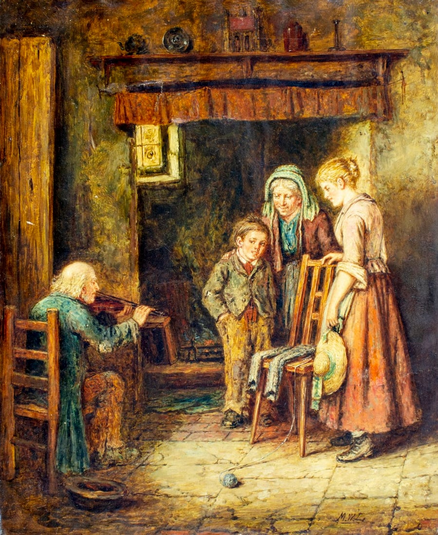 Mark William Langlois (UK,1848-1924) oil painting antique: ARTIST: Mark William Langlois (United Kingdom, 1848 - 1924) TITLE: Interior Scene with Violin Player MEDIUM: oil on canvas CONDITION: Few patches. Some small damages to le