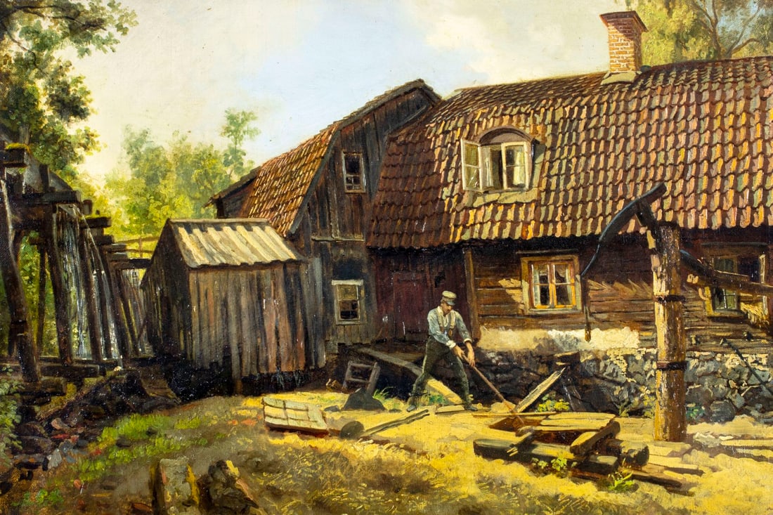 Antique 19C European oil painting: ARTIST: - (Europe, 19 century) TITLE: Country Scene MEDIUM: oil on canvas CONDITION: One minor paint loss by the left edge. No visible inpaint under UV light. A