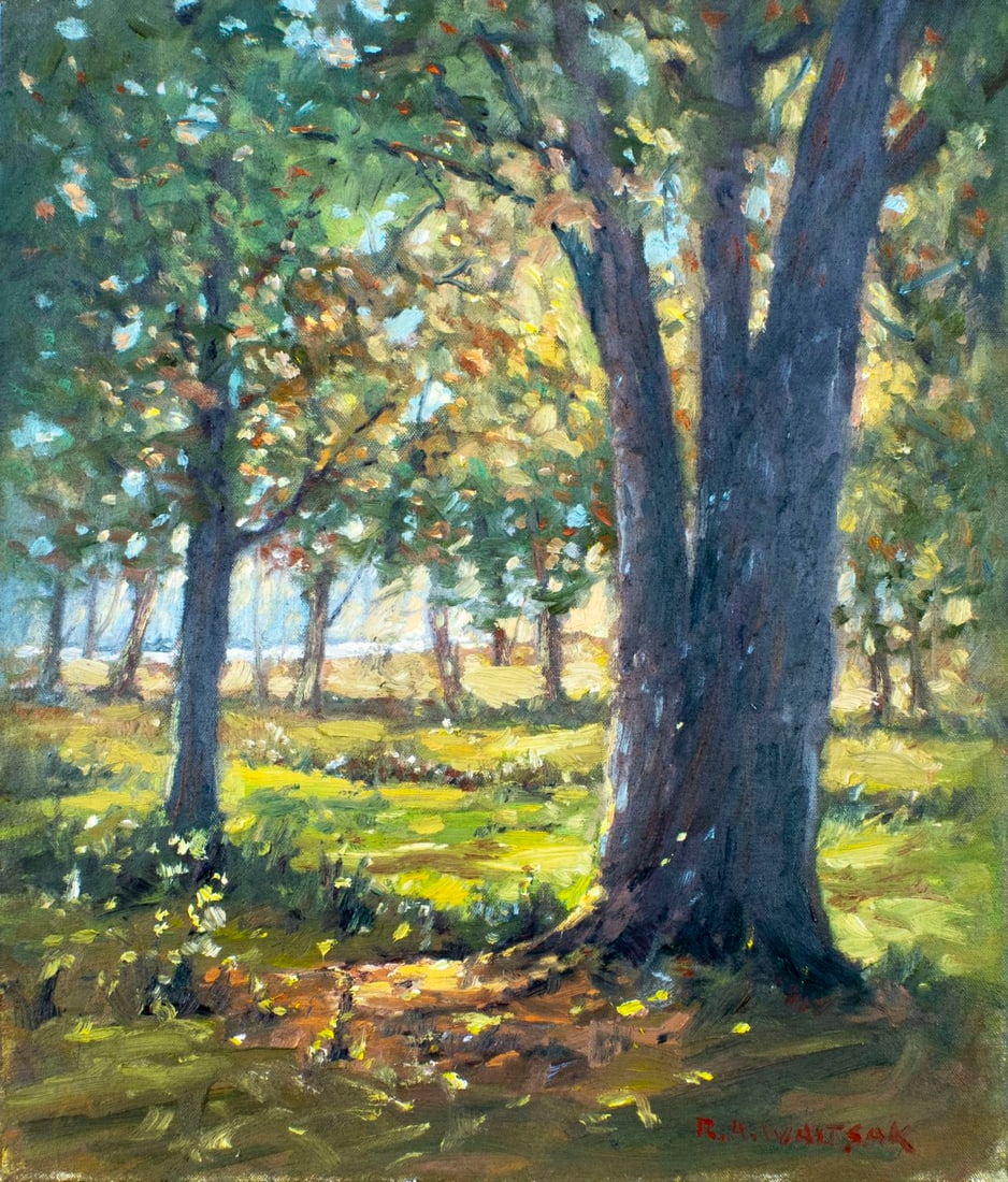 Robert Waltsak (NJ,b 1944) oil painting: ARTIST: Robert Alan Waltsak (New Jersey, born 1944) TITLE: Forest Landscape MEDIUM: oil on canvas. Canvas applied to board. CONDITION: Very good. No visible inpaint under UV
