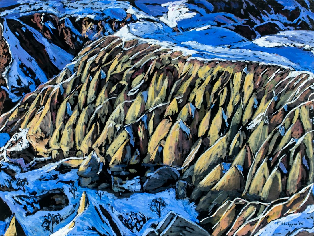 Evelyn Metzger (NY,Brazil,1911-2007) oil painting: ARTIST: Evelyn Borchard Metzger (New York, Brazilian, 1911 - 2007) TITLE: Winter in Cappadocia, Turkey (titled on verso) YEAR: 1995 MEDIUM: oil on board CONDITI