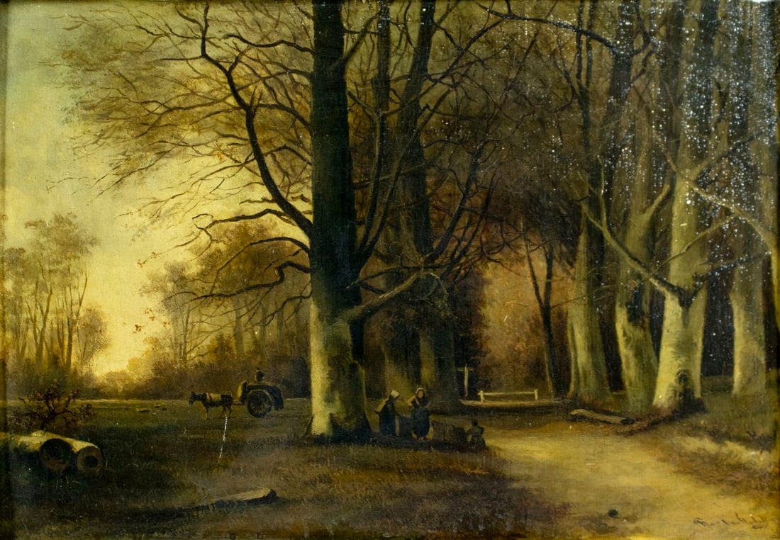 Antique 19C European oil painting signed: ARTIST: - (Europe, 19 century) TITLE: Landscape with Women Gathering Wood MEDIUM: oil on board CONDITION: Some scratches/paint losses. Minor blistering in the upper right