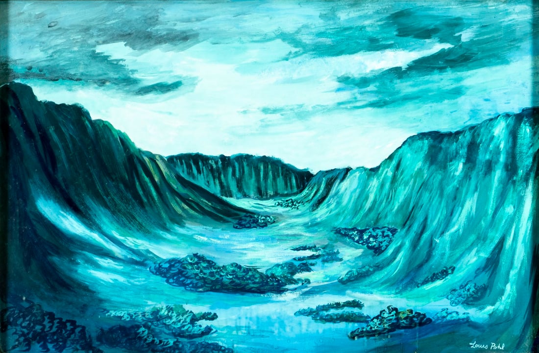 Louis Pohl (Hawaii,OH,1915-1999) gouache painting: ARTIST: Louis G Pohl (Hawaiian, Ohio, 1915 - 1999) TITLE: Night Mountain Landscape MEDIUM: gouache on paper CONDITION: Few minor paint losses. Framed under glass. Wear to fr