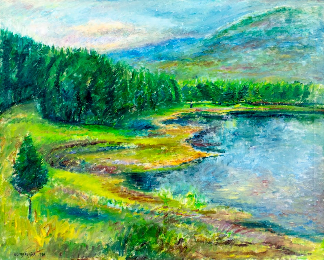 Clara Klinghoffer (NY,UK,Austria,1900-1970) oil painting: ARTIST: Clara Klinghoffer (New York, United Kingdom, Austrian, 1900 - 1970) TITLE: Landscape - View near the Lake (titled on label) YEAR: 1961 MEDIUM: oil on canvas