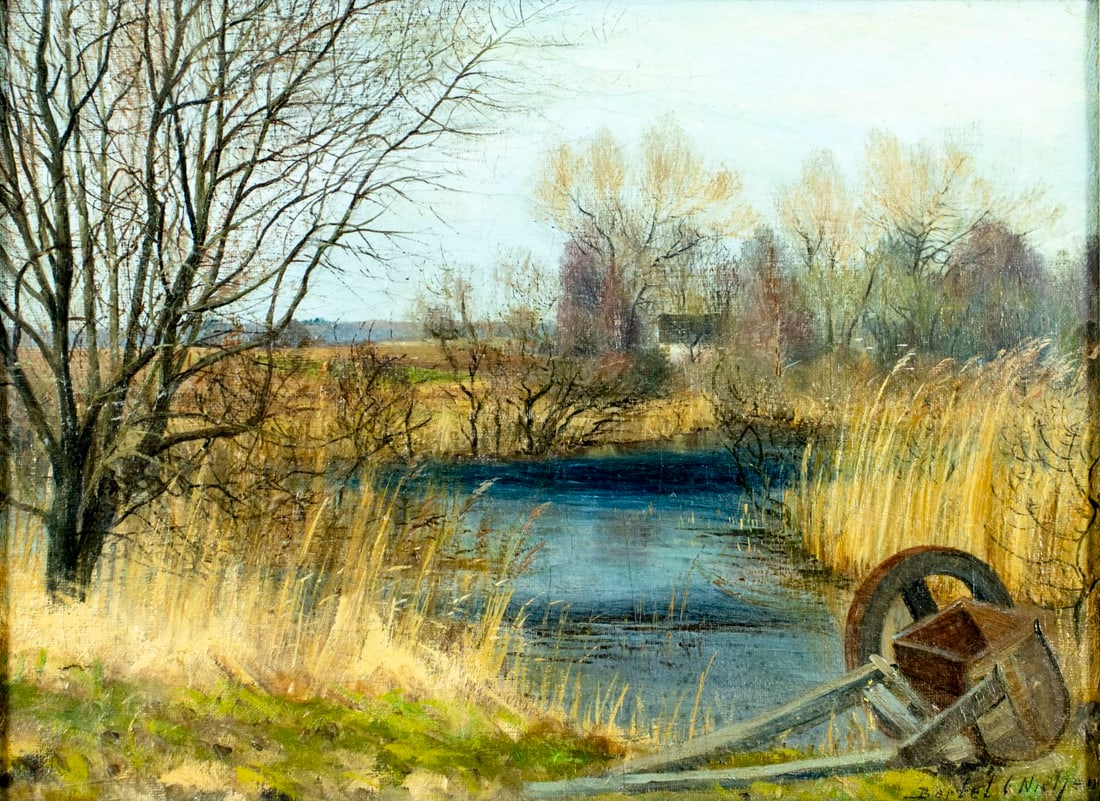 Bertel C Nielsen (Denmark,1896-?) oil painting: ARTIST: Bertel C Nielsen (Danish, 1896 - ???) TITLE: Countryside River Landscape MEDIUM: oil on canvas CONDITION: One patch. Some paint losses. Some craquelure. No visible