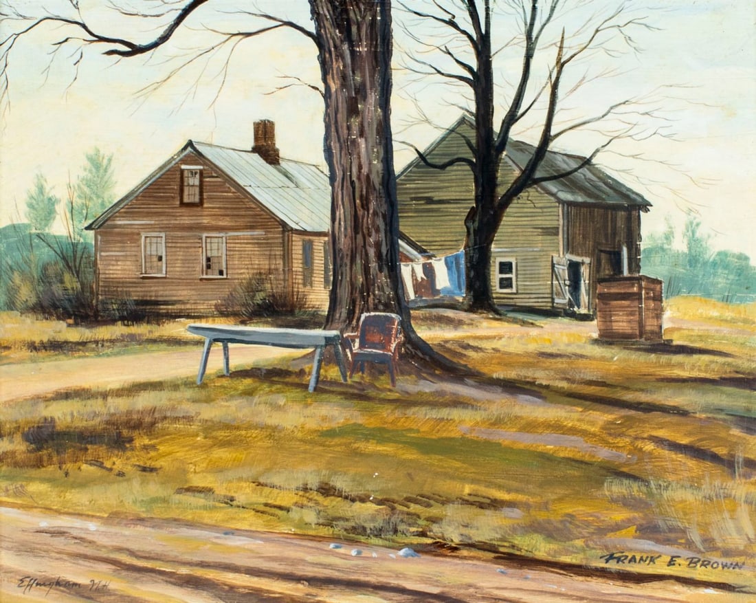Frank E Brown (MA,20C) acrylic painting antique: ARTIST: Frank E Brown (Massachussets, 20 century) NAME: Country Landscape MEDIUM: acrylic on board CONDITION: Missing few flakes of paint. No visible inpaint under UV light. SIGHT SIZE: 1