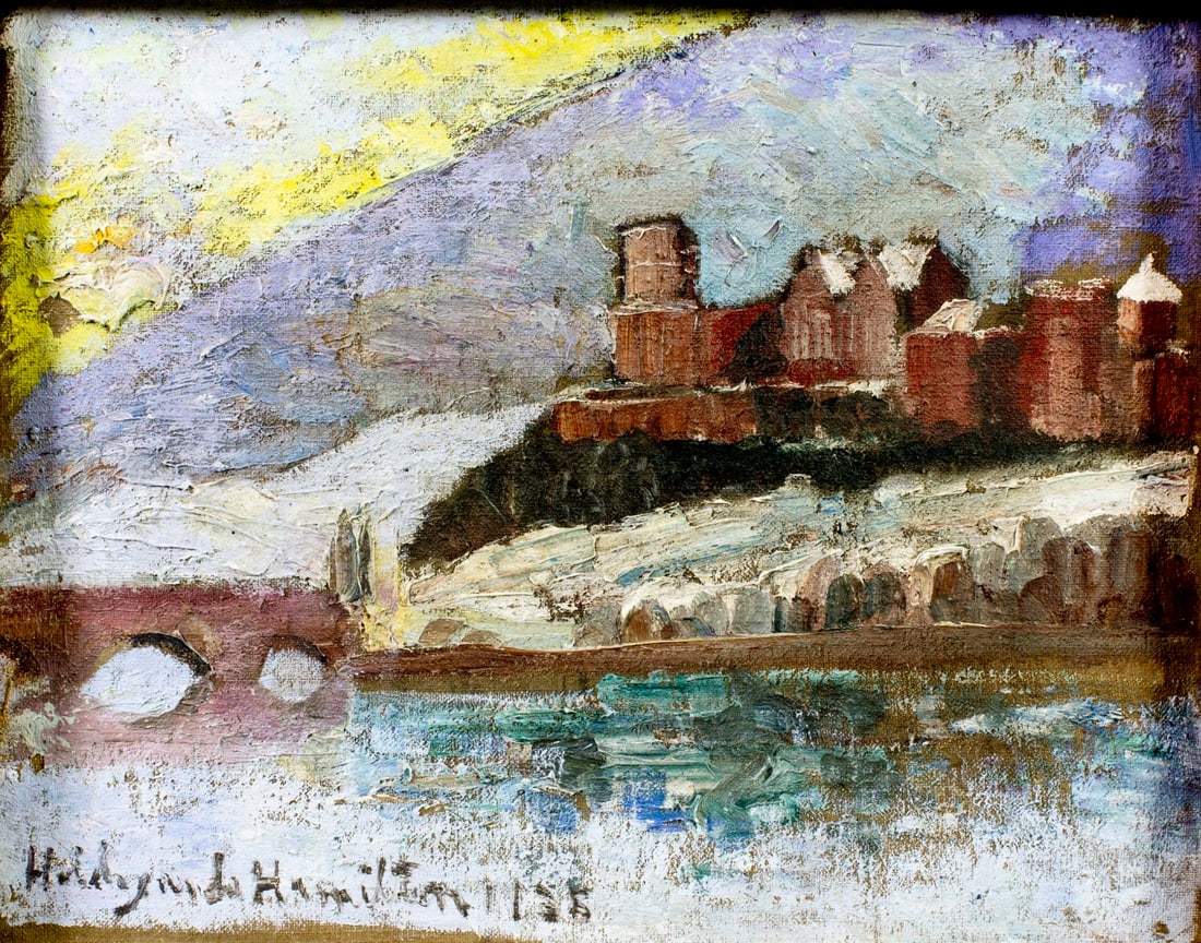 Hildegarde Hamilton (FL,VA,1898-1970) oil painting 2-sided: ARTIST: Hildegarde Hume Hamilton (Florida, Virginia, 1898 - 1970) TITLE: Coastal Cityscape MEDIUM: oil on canvas CONDITION: One small tear to the left edge 1" long. Some p