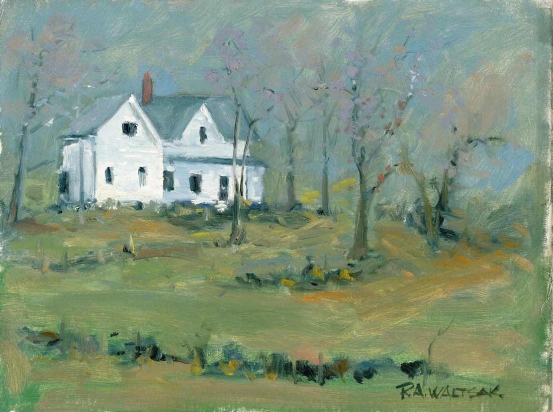 Robert Waltsak (NJ,b 1944) oil painting: ARTIST: Robert Alan Waltsak (New Jersey, born 1944) TITLE: Landscape with Cottage MEDIUM: oil on canvas board CONDITION: Very good. No visible inpaint under UV light. Normal