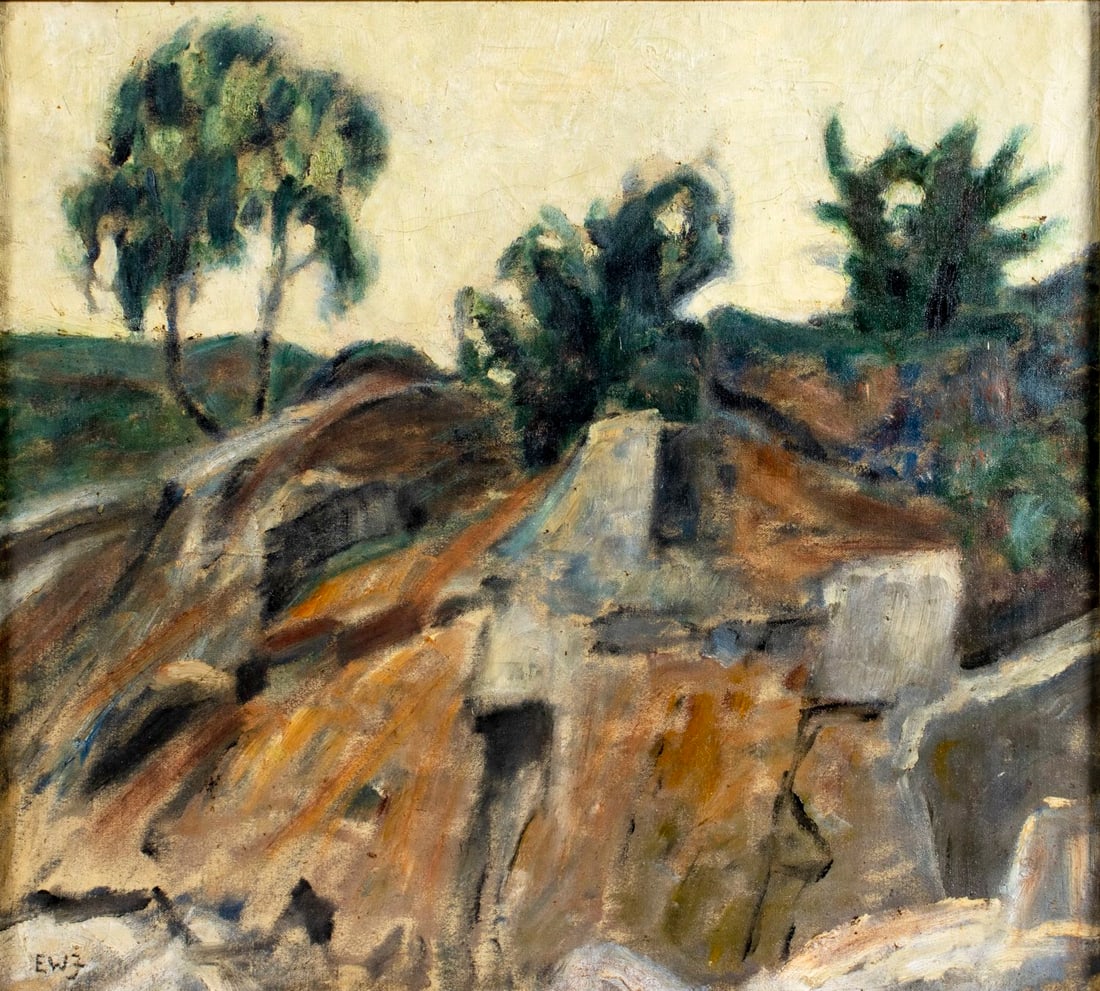 Erik William Johnsen (Danish,1866-1948) oil painting antique: ARTIST: Erik William Johnsen (Denmark, 1866 - 1948) TITLE: Landscape, Randklove, Bornholm, Denmark YEAR: 1942 MEDIUM: oil on canvas CONDITION: Few mino