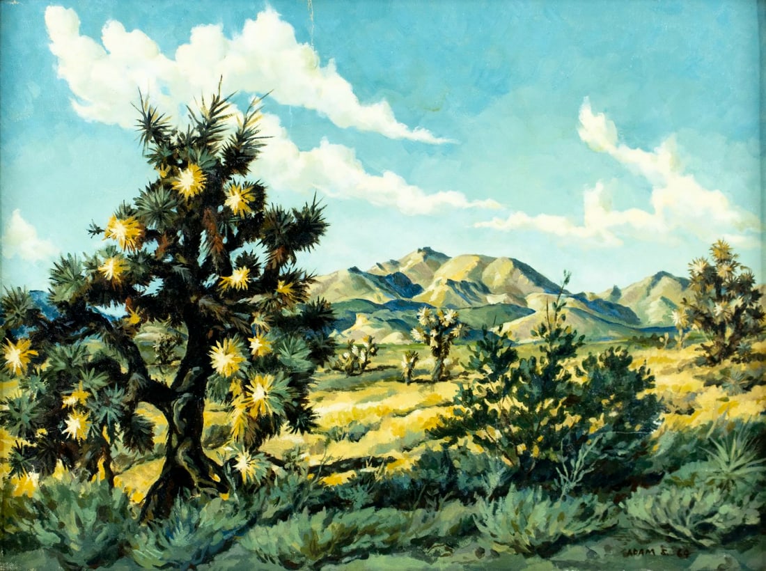Adam Szwejkowski (IL,mid 20C) oil painting: ARTIST: Adam Szwejkowski (Illinois, mid 20 century) TITLE: Mojave Desert Landscape, CA (titled on verso) YEAR: 1964 MEDIUM: oil on canvas board CONDITION: