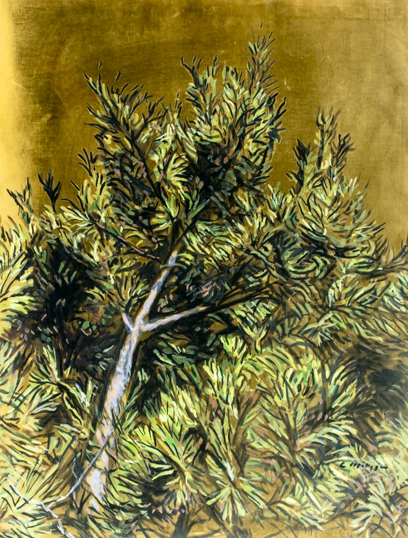 Evelyn Metzger (NY,Brazil,1911-2007) oil painting: ARTIST: Evelyn Borchard Metzger (New York, Brazilian, 1911 - 2007) TITLE: Pine Tree MEDIUM: oil on paper. Paper applied to board. CONDITION: Minor damage to the lower righ