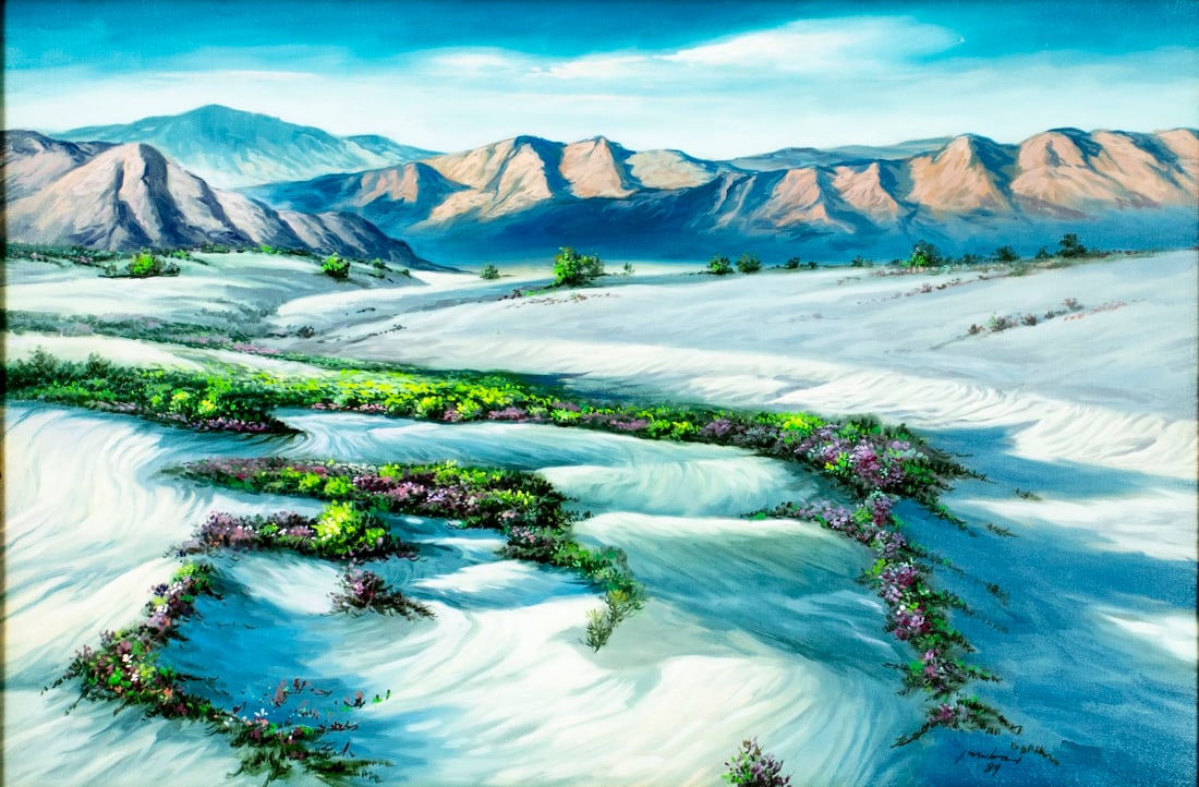 Vintage 20C California oil painting signed: ARTIST: - (California, 20 century) TITLE: Desert Landscape YEAR: 1984 MEDIUM: oil on canvas. Canvas applied to board. CONDITION: Overall good. No visib