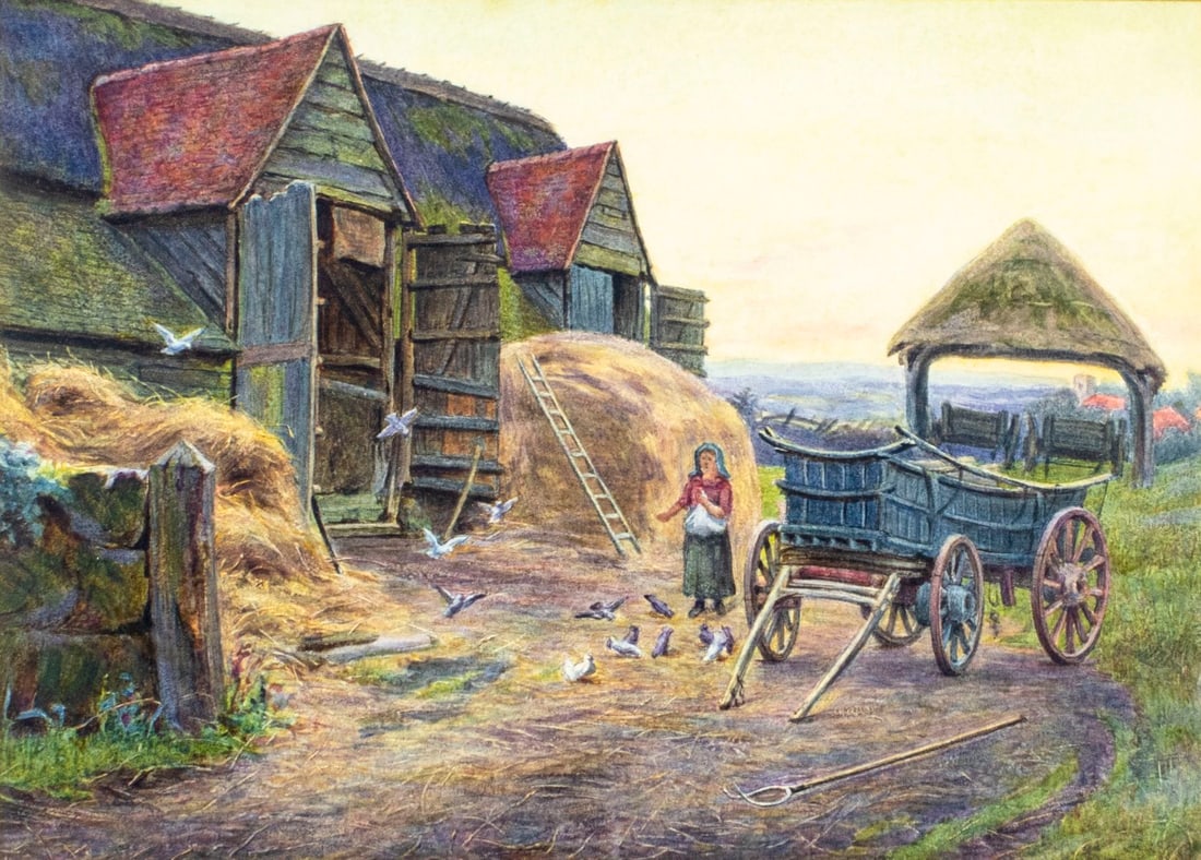 Antique early 20C British oil painting: ARTIST: - (United Kingdom, early 20 century) TITLE: Farm Scene MEDIUM: watercolor on paper CONDITION: Minor age toning. Framed under glass. Wear to frame. ART S