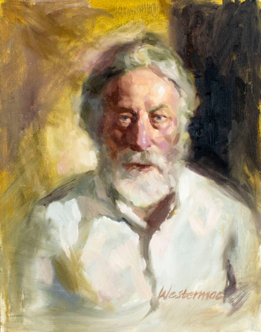 Westermoc (US,mid 20C) oil painting: ARTIST: Westermoc (American, mid 20 century) TITLE: Portrait of Man MEDIUM: oil on canvas board CONDITION: Few scratches/paint losses. No visible inpaint under UV light.