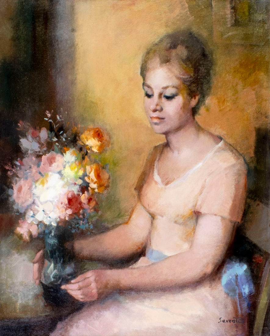 Ruggero Serrato (Italy,1898-?) oil painting: ARTIST: Ruggero Serrato (Italian, 1898 - ???) TITLE: Portrait of Woman with Flower Bouquet MEDIUM: oil on canvas CONDITION: Unstretched (In-House stretching available) (In