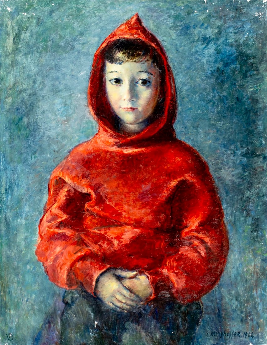 Clara Klinghoffer (NY,UK,Austria,1900-1970) oil painting: ARTIST: Clara Klinghoffer (New York, United Kingdom, Austrian, 1900 - 1970) TITLE: Portrait of David Herzberg in a Red Hood, NY (titled on label) YEAR: 1964 MEDIUM: oil on