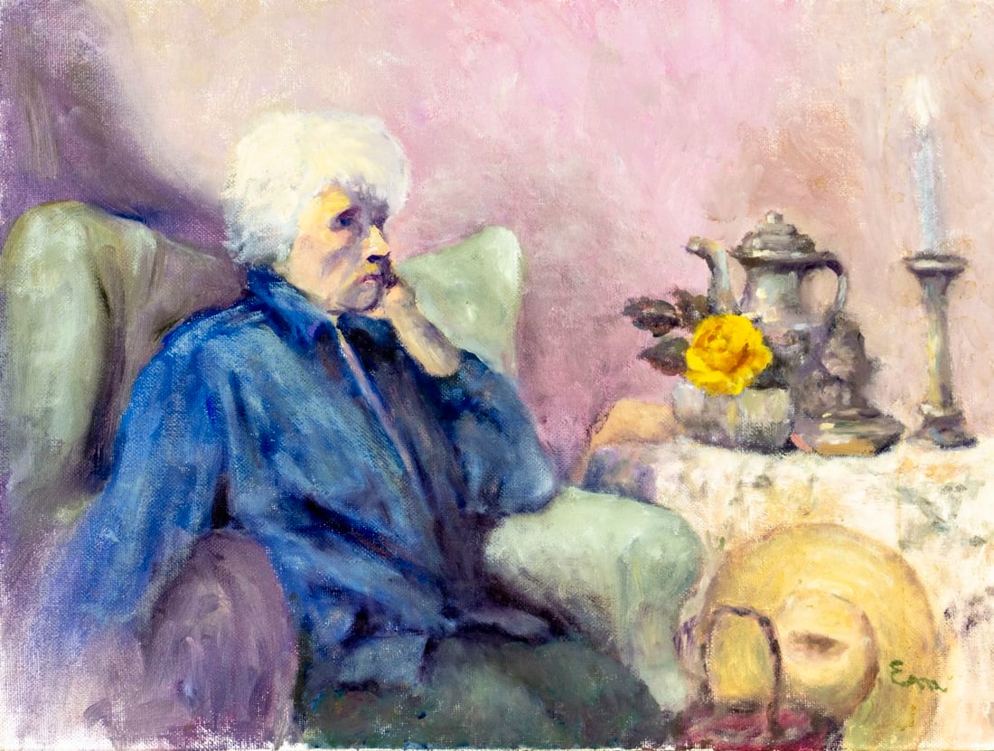 Eric Angeloch (NY,b 1960) oil painting: ARTIST: Eric S Angeloch (New York, born 1960) TITLE: Portrait of Eva Van Ryan (titled on verso) MEDIUM: oil on canvas board CONDITION: Few minor scratches. Some staining. No