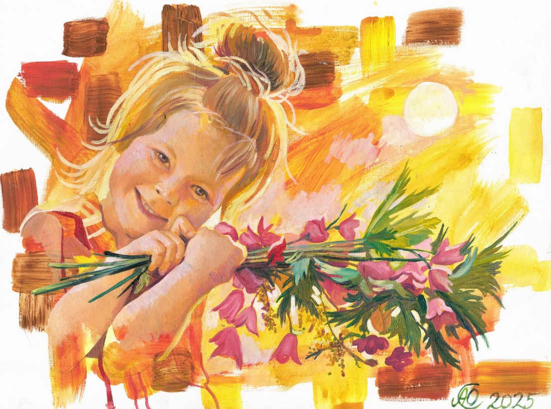 Julia Abramova (Ukraine,b 1985) oil painting: ARTIST: Julia Sergeevna Abramova (Ukrainian, born 1985) TITLE: Girl with Flowers MEDIUM: oil on heavy paper CONDITION: Very good. No visible inpaint under UV light.