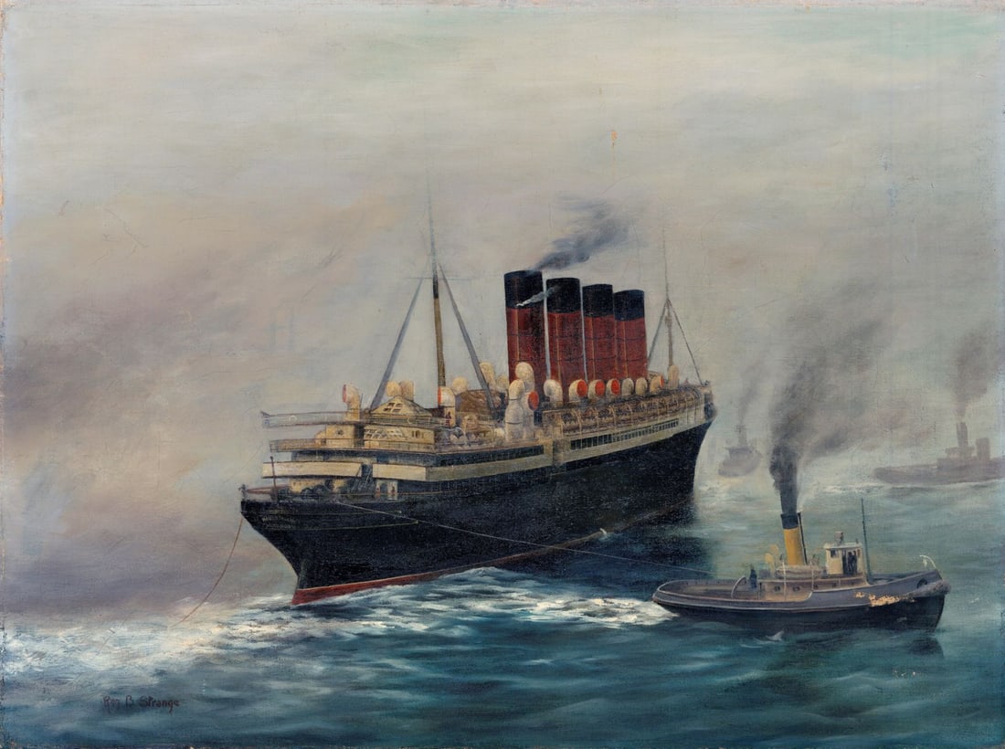 Reg B Strange (FL,20C) oil painting: ARTIST: Reg B Strange (Florida, 20 century) TITLE: Steamship and Tugboat MEDIUM: oil on canvas. Canvas applied to board. CONDITION: Some scratches/paint losses mostly in low