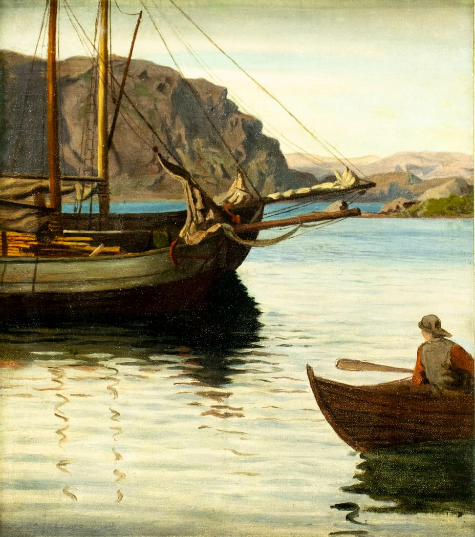 Antique early 20C oil painting: ARTIST: - (early 20 century) TITLE: Harbor Scene MEDIUM: oil on canvas. Canvas applied to board. CONDITION: Missing a few flakes of paint. Some scattered minor inpaintings