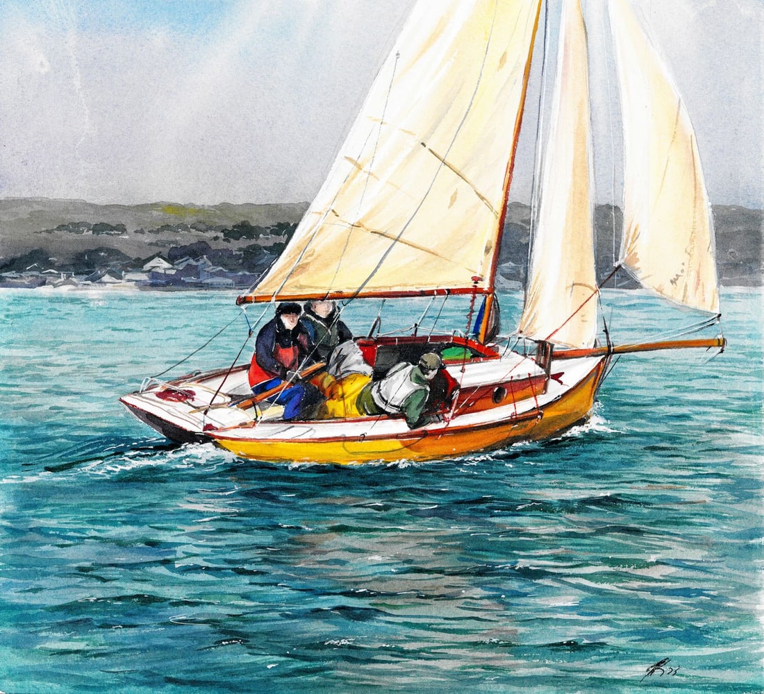 Yana Karpenko (Ukraine,20/21C) watercolor painting: ARTIST: Yana Karpenko (Ukrainian, 20/21 centuries) TITLE: Sailing Boat MEDIUM: watercolor on heavy paper CONDITION: Very good. ART SIZE: 12 x 13 inches /