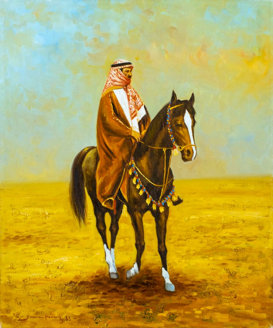 Vintage 20C American oil painting signed: ARTIST: - (American, 20 century) TITLE: Arab Man on Horse YEAR: 1983 MEDIUM: oil on canvas CONDITION: One small patch. Few minor paint losses. No visib