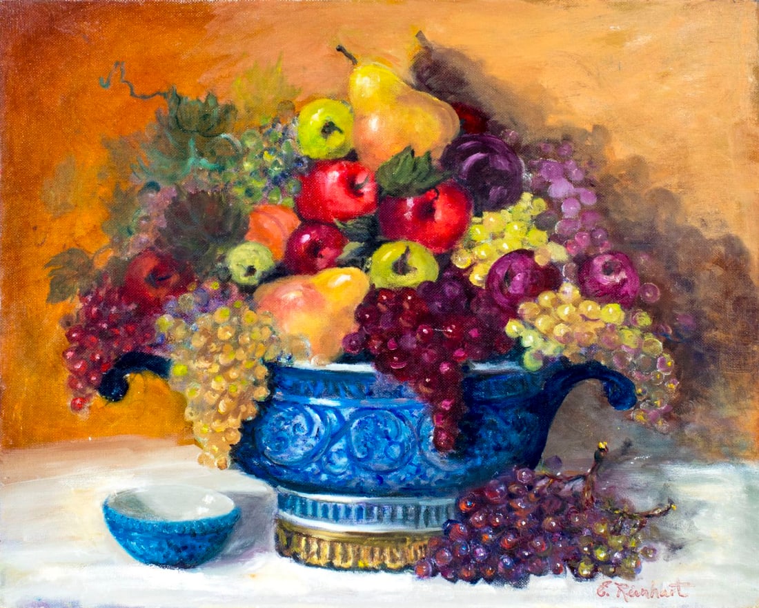 Ellen Reinhart (FL,20C) oil painting: ARTIST: Ellen Reinhart (Florida, 20 century) NAME: Still Life with Bowl of Fruits MEDIUM: oil on canvas board CONDITION: Very good. No visible inpaint under UV light. SIGHT SIZE: 16 x 20