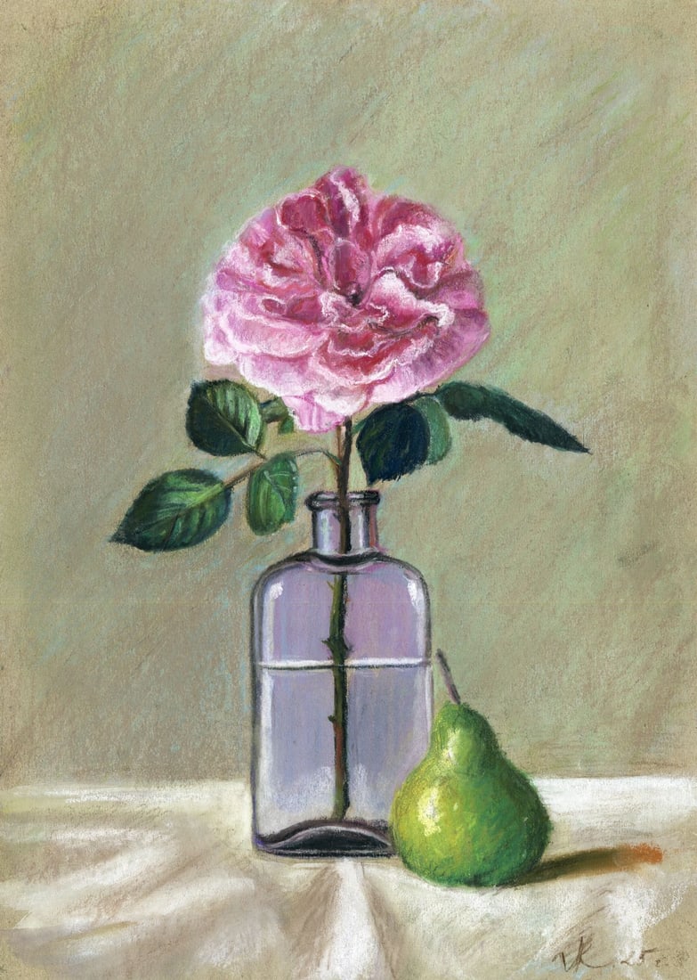 Ksenia Vasilchenko (Ukraine,b 1996) pastel painting: ARTIST: Ksenia Vasilchenko (Ukrainian, born 1996) TITLE: Still Life with Pear and Flower MEDIUM: pastel on paper CONDITION: Very good. ART SIZE: 12 x 8 i