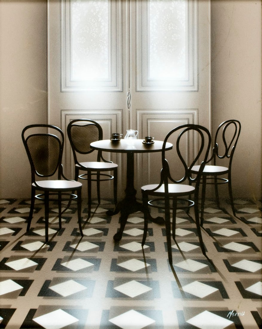 Enrique Medina (Uruguay,1935-?) acrylic painting: ARTIST: Enrique Medina (Uruguayan, 1935 - ???) TITLE: Interior Scene MEDIUM: acrylic on board CONDITION: Some scratches along the right edge. No visible inpaint under UV lig