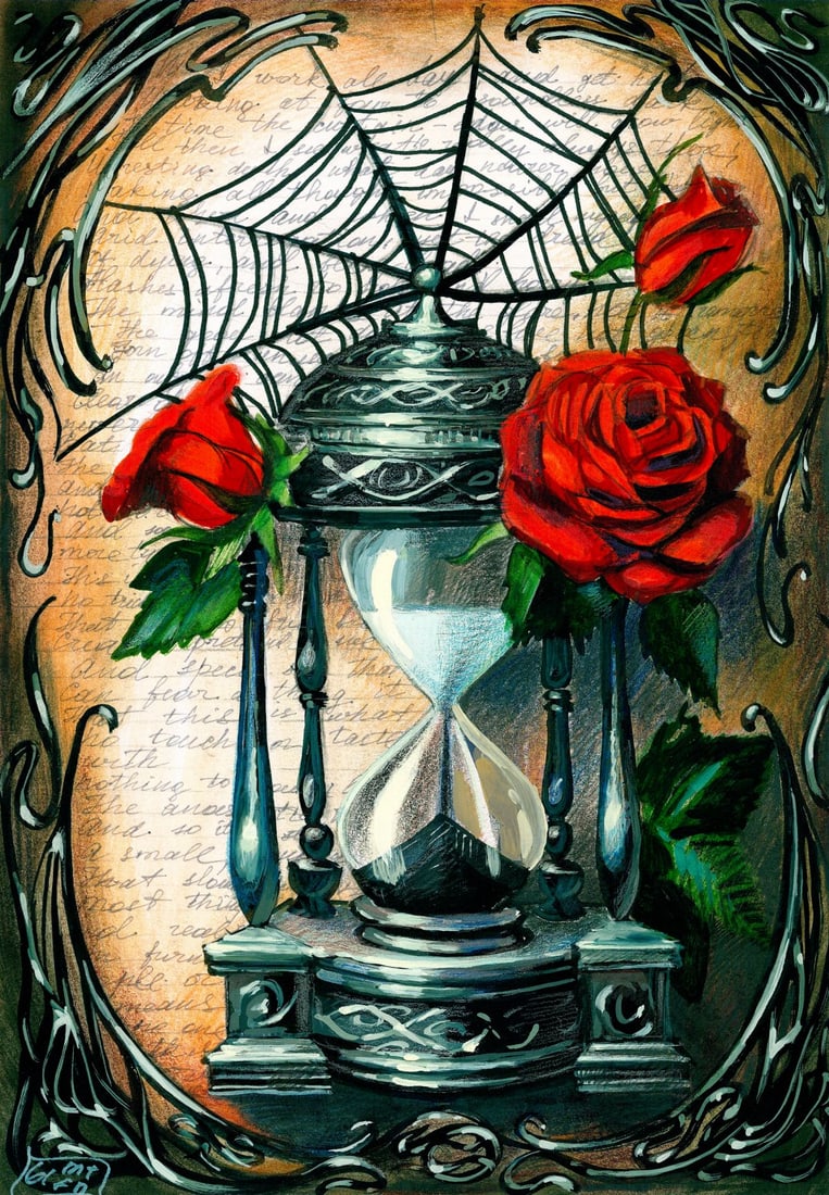 Halyna Yeromenko Afana (Ukraine,20/21C) acrylic painting: ARTIST: Halyna Yeromenko Afana (Ukrainian, 20/21 centuries) TITLE: Still Life with Hourglass and Roses MEDIUM: acrylic on heavy paper CONDITION: Very good. ART SI