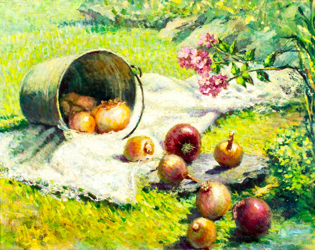 Linda Bolognese (NY,mid 20C) oil painting: ARTIST: Linda Bolognese (New York, mid 20 century) TITLE: Still Life with Onions MEDIUM: oil on canvas CONDITION: Very good. No visible inpaint under UV light. AR