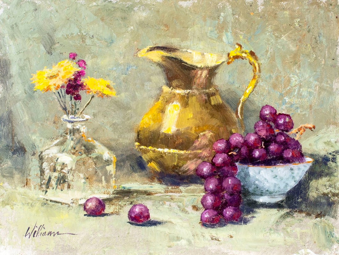 Jonathon Williams (US,20C) oil painting: ARTIST: Jonathon Williams (American, 20 century) TITLE: Still Life with Grapes, Jug and Flowers MEDIUM: oil on canvas board CONDITION: Very good. No visible inpaint under U