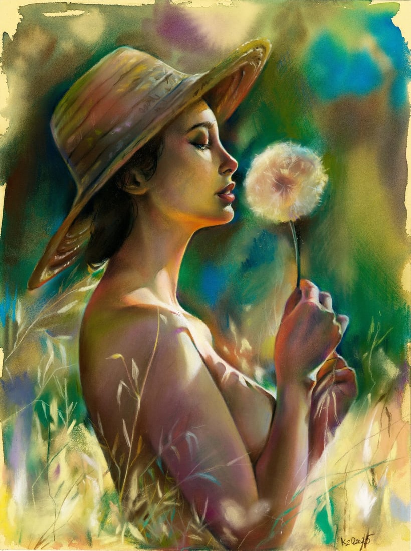 Olga Kuznezova (Ukraine,b 2000) pastel painting: ARTIST: Olga Kuznezova (Ukrainian, born 2000) TITLE: Nude with Flower MEDIUM: pastel on heavy paper CONDITION: Overall good. ART SIZE: 16 x 12 inches / 4