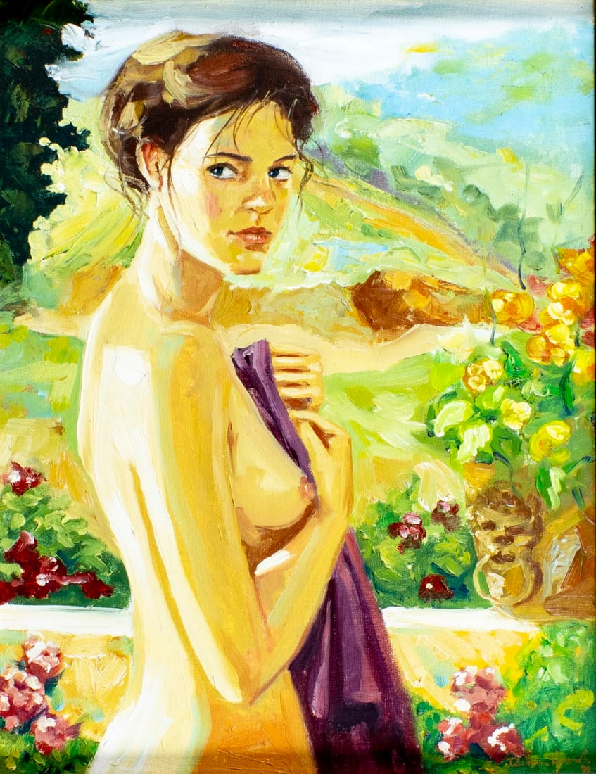 Vintage 20C Brazilian oil painting signed: ARTIST: - (Brazil, 20 century) TITLE: Nude YEAR: 1990 MEDIUM: oil on canvas CONDITION: Overall good. No visible inpaint under UV light. Wear to frame.<