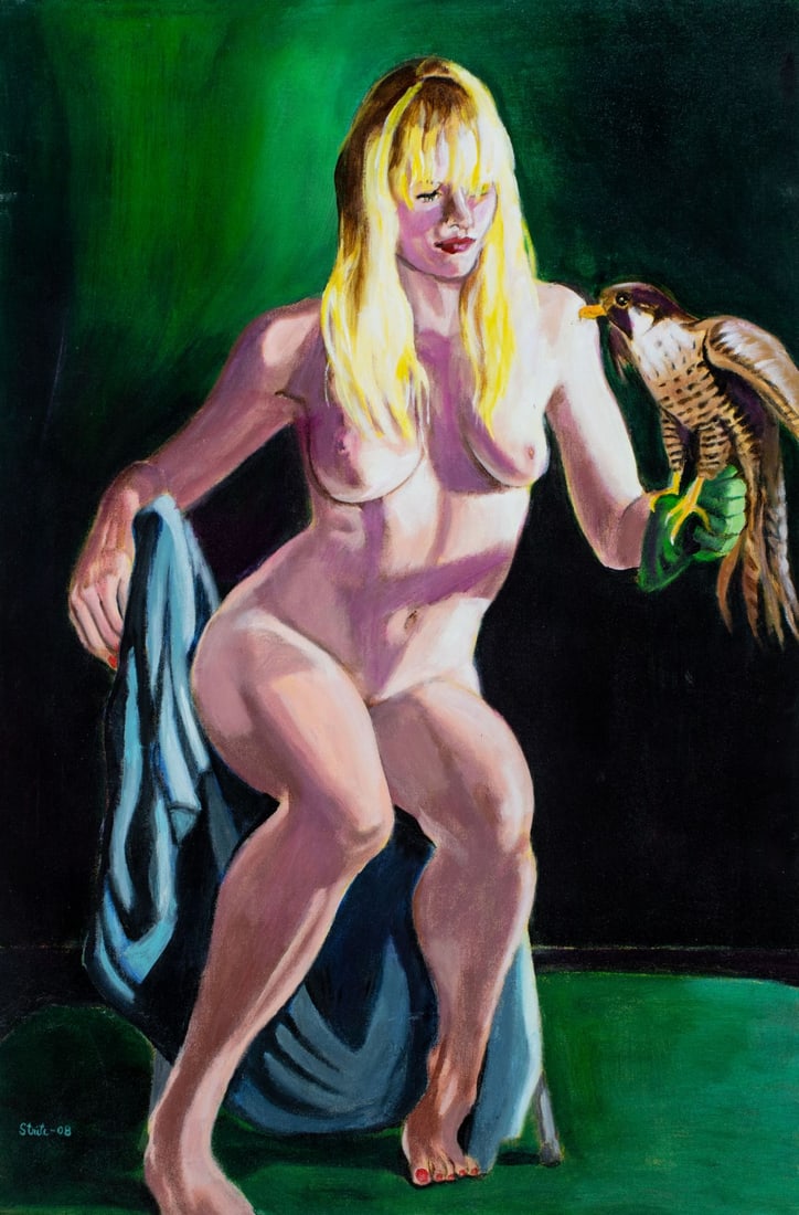 Norman Royer Strite (MD,MI,NY,1935-2023) oil painting: ARTIST: Norman Royer Strite (Maryland, Michigan, New York, 1935 - 2023) TITLE: Nude - Falconer (titled on verso) YEAR: 2008 MEDIUM: oil on canvas board CONDITIO