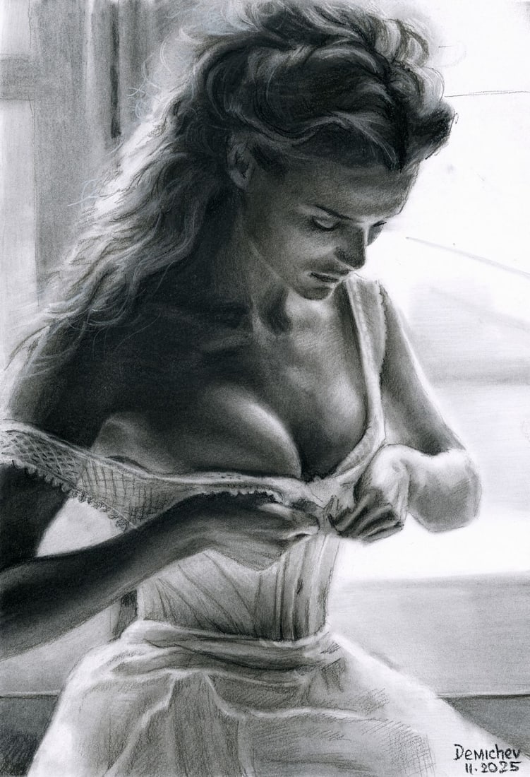 Oleksandr Demichev (Ukraine,20/21C) pastel painting: ARTIST: Oleksandr Demichev (Ukrainian, 20/21 centuries) TITLE: Woman Dressing MEDIUM: pastel on heavy paper CONDITION: Very good. ART SIZE: 17 x 12 inche