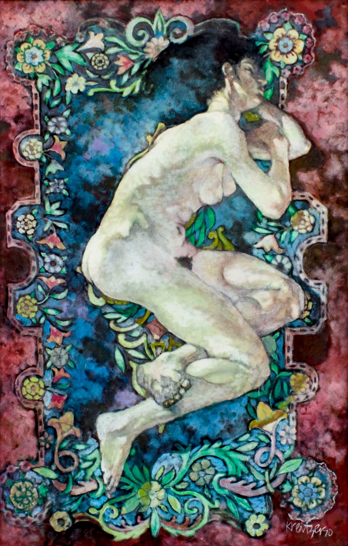 David Kreitzer (CA,NE,b 1942) oil painting: ARTIST: David Martin Kreitzer (California, Nebraska, born 1942) TITLE: Nude on Oriental Rug YEAR: 1970 MEDIUM: oil on canvas CONDITION: Very good. No vis