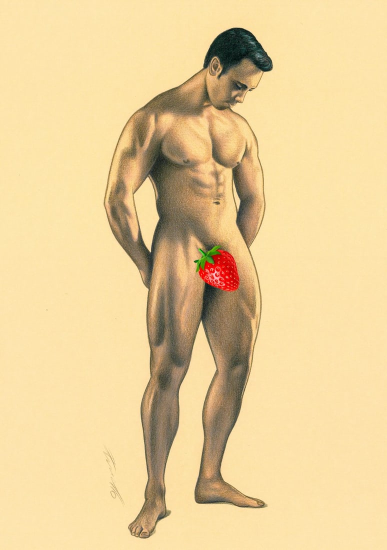 Rene Prudlo (German,b 1974) colored pencil painting: ARTIST: Rene Prudlo (Germany, born 1974) TITLE: Male Nude MEDIUM: colored pencil on heavy paper CONDITION: Very good. ART SIZE: 12 x 8 inches / 30 x 20 c