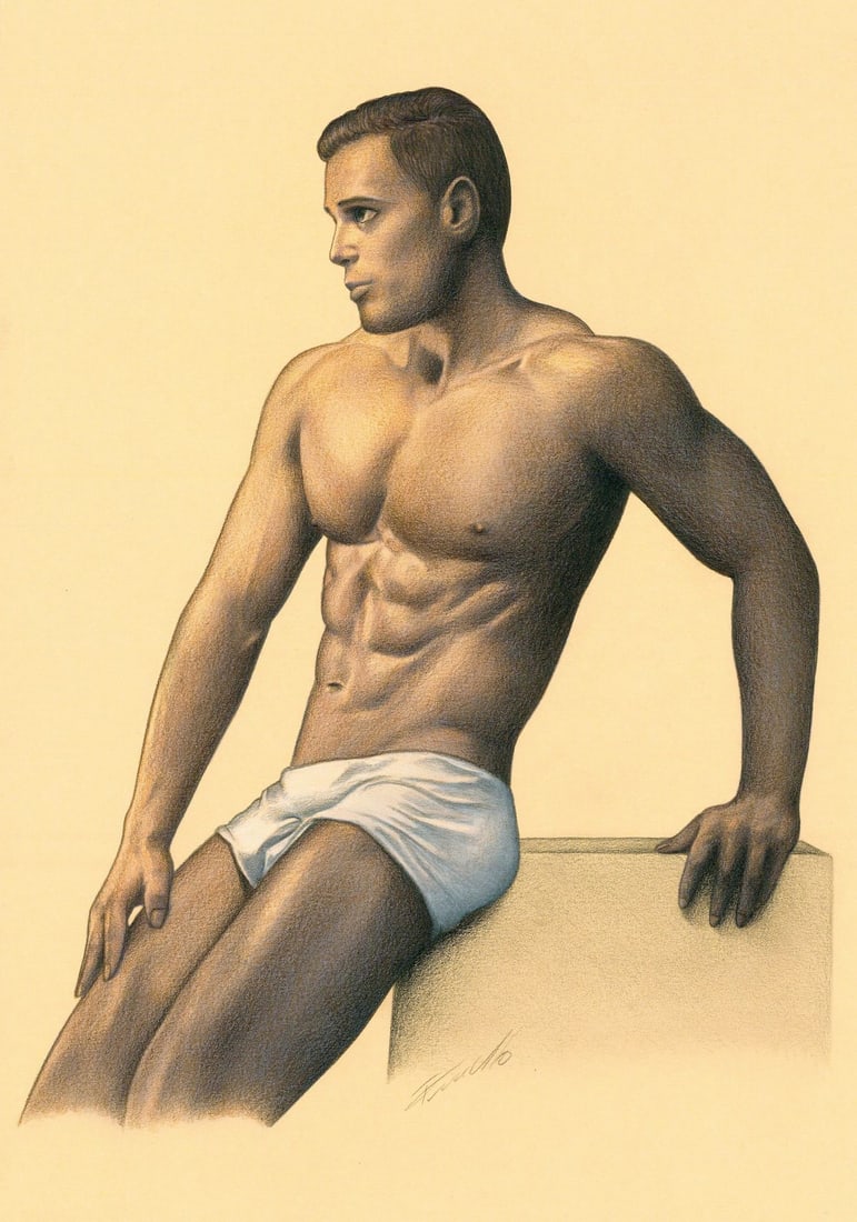 Rene Prudlo (German,b 1974) colored pencil painting: ARTIST: Rene Prudlo (Germany, born 1974) TITLE: Male Nude MEDIUM: colored pencil on heavy paper CONDITION: Very good. ART SIZE: 12 x 8 inches / 30 x 20 c