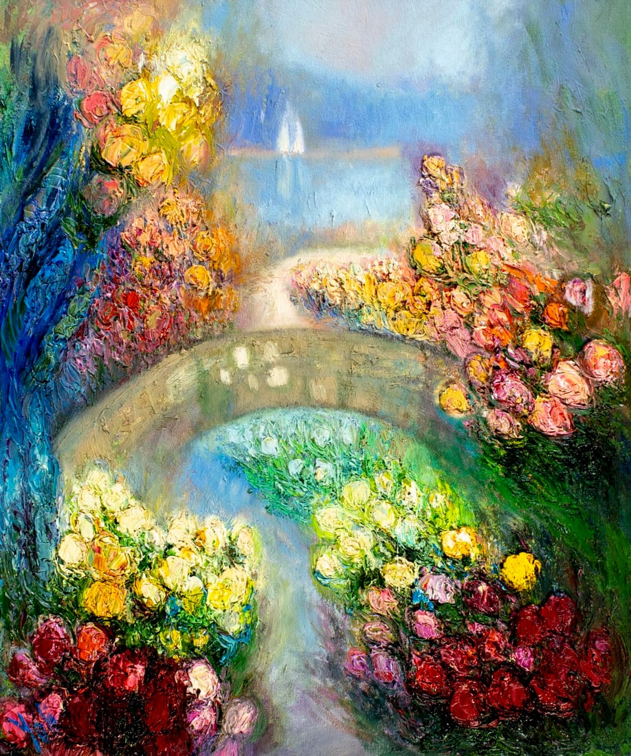 Yolanda Razzeto (Peru,1948-?) oil painting: ARTIST: Yolanda Razzeto (Peruvian, 1948 - ???) TITLE: Flower Garden Landscape MEDIUM: oil on canvas CONDITION: Unstretched (In-House stretching available). Overall good. N