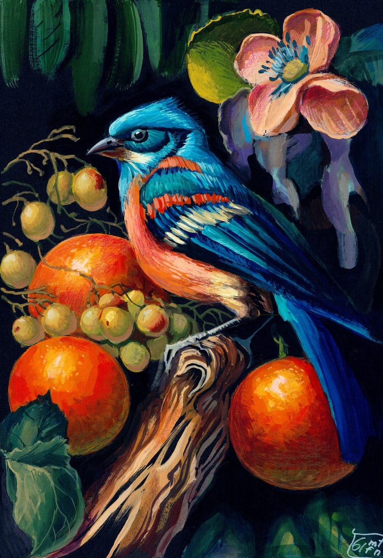 Halyna Yeromenko Afana (Ukraine,20/21C) acrylic painting: ARTIST: Halyna Yeromenko Afana (Ukraine, 20/21 centuries) TITLE: Bird with Fruits MEDIUM: acrylic on heavy paper CONDITION: Very good. No visible inpaint under UV light.