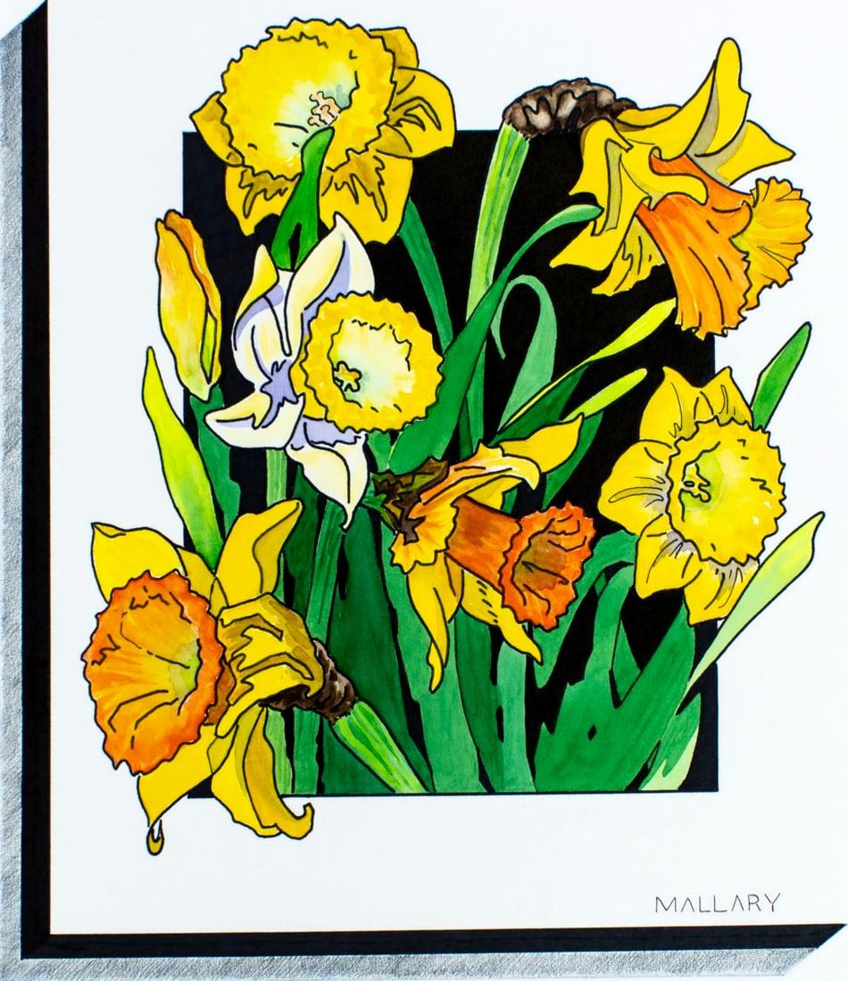 Karen Mallary (WA,?-1995) watercolor painting: ARTIST: Karen Mallary (Washington, ??? - 1995) TITLE: Garden Flowers - Daffodil (titled on verso) YEAR: 1993 MEDIUM: watercolor on board CONDITION: Ver